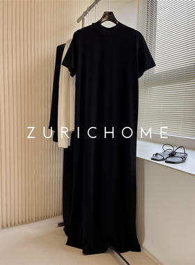 人手一件 内搭外穿 一件出门懒人裙 黑色加长款圆领短袖T恤连衣裙