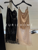 亮片拼蕾丝 孤 裸色优雅缦妙 下摆微透亮片蕾丝侧开叉半裙