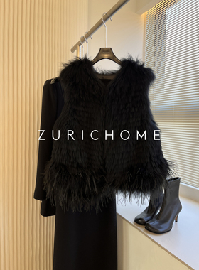 ZURICH HOME 俏皮可爱娇憨 经典黑色鸵鸟毛拼狐狸毛皮毛马甲背心
