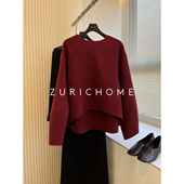 ZURICH HOME 节日气氛洋气茧型前短后长丝羊毛双面呢红色上衣外套