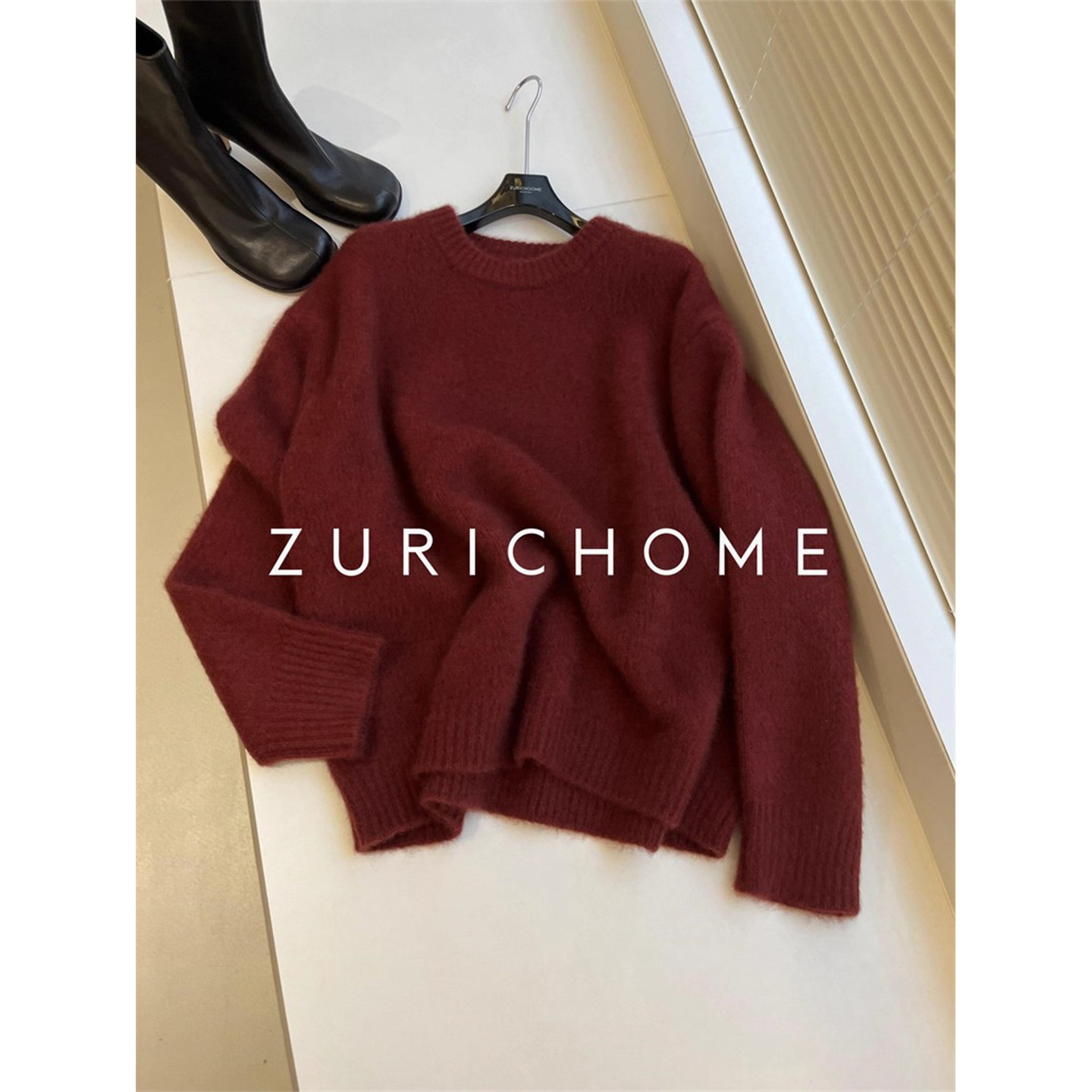 ZURICH HOME 洋气圣诞红蓬松糯软毛感丰盈宽松落肩圣诞红羊绒毛衣