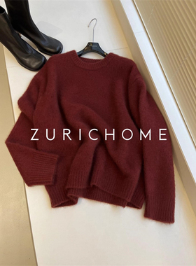 ZURICH HOME 洋气圣诞红蓬松糯软毛感丰盈宽松落肩圣诞红羊绒毛衣