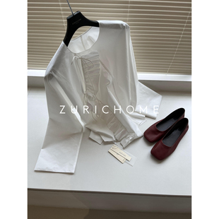 ZURICH HOME 法风少女趣味青春娃娃款雕塑感荷叶襟系带圆领白衬衫