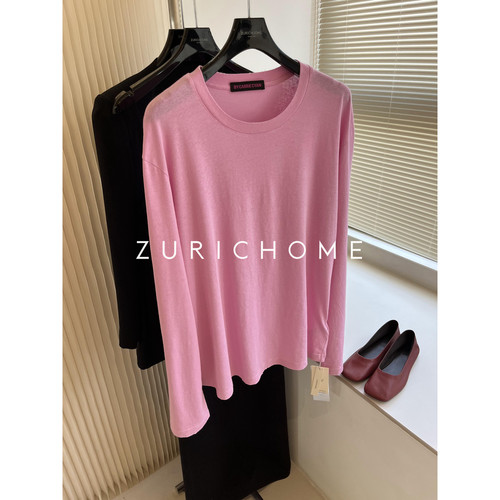 巴比粉裸感面料粉色圆领长袖T恤