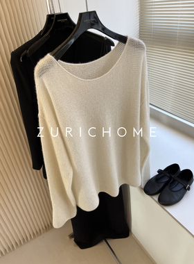 孤ZURICH HOME 轻盈糯软 庸懒大圆领 星闪亮丝米白色羊绒套头毛衣