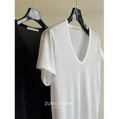 轻薄小V领微透干净匹马棉T恤