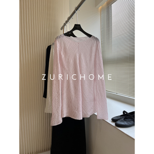ZURICH HOME 及简纸片人庸懒大圆领菱格暗纹肌里圆领长袖粉色上衣
