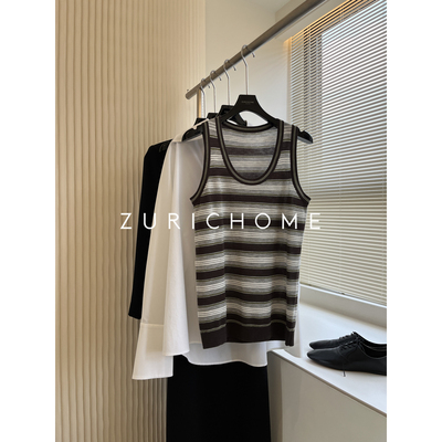 预科风拼色条纹针织背心马甲