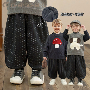 澄澄一家冬款百搭加绒加厚灯笼休闲宽松松紧腰男女童装宝宝牛仔裤