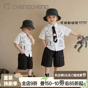 澄澄一家夏季纯棉百搭撞色男童衬衫上衣薄款短袖宝宝童装白衬衫