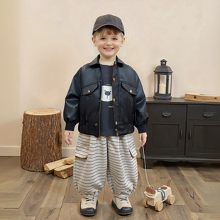 澄澄一家男童复古皮衣外套秋季 2025儿童痞帅夹克宝宝黑色翻领上衣