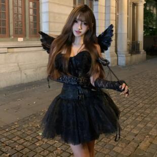 【黑天使】万圣节夜游乐场黑暗系翅膀性感酒吧party聚会蓬蓬短裙