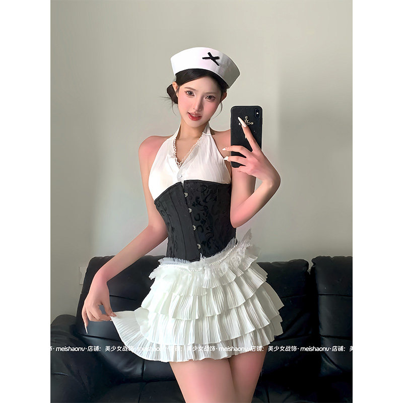首尔少女  夏季辣妹白色V领挂脖上衣黑色腰封显瘦白色蛋糕裙韩系