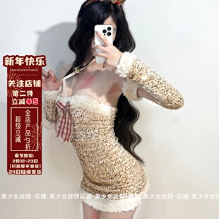 纸醉金迷 圣诞蝴蝶结挂脖抹胸连衣裙修身亮片麋鹿短裙纯欲包臀裙