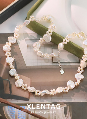 原创天然珍珠花朵编制项链女气质百搭锁骨链小众轻奢高级感脖颈链