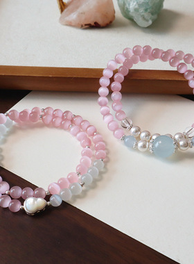 双圈粉色猫眼石手链高级感贝珠手饰品弹力设计小清新新中式葫芦