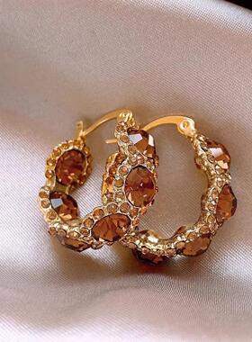 秋冬款美拉德咖色水晶圆圈耳环女轻奢小众高级感个性夸张耳圈耳钉