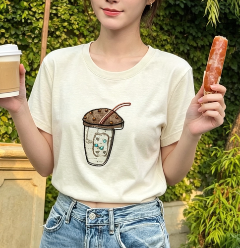2026新款夏季麻感棉重工咖啡杯子圆领短袖T恤女 胸102衣长62