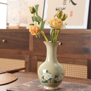新中式汝窑花瓶家居客厅桌面装饰摆件插花小口径高级感容器可