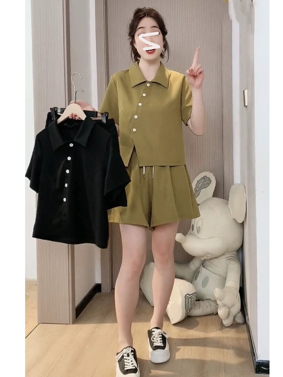 胖mm时尚休闲宽松套装女夏大码不规则T恤上衣+抽绳短裤炸街两件套