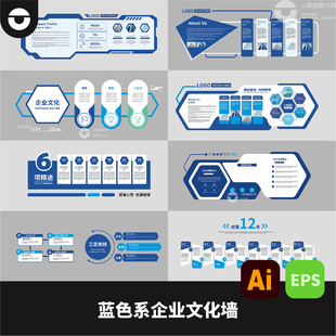 蓝色系企业文化墙素材AI矢量6项精进三定原则经营12条墙面eps格式