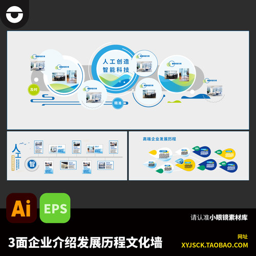 3面环形图表文化墙人工智能科技企业发展历程文化墙展板AI文件EPS