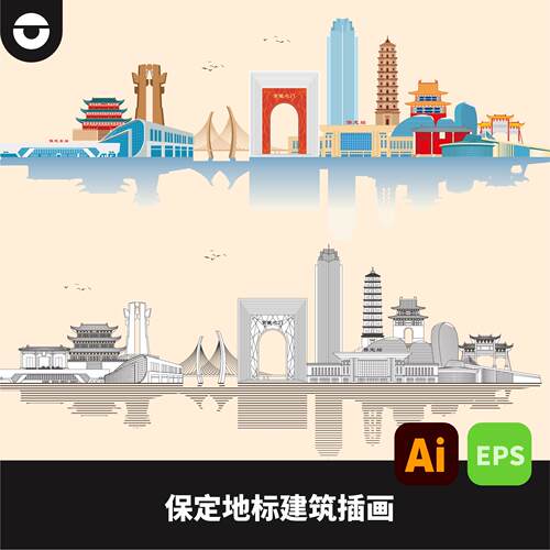 保定市地标建筑插画京畿之门万博广场巨力大桥AI矢量文件eps格式