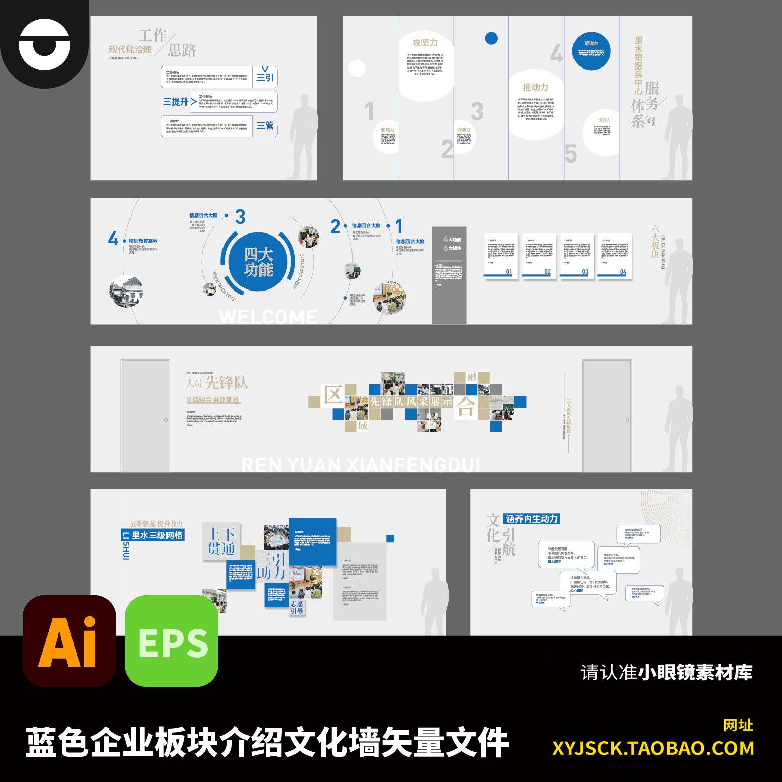 蓝色企业业务板块介绍社区网格治理文化墙AI矢量文件EPS格式
