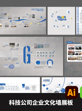 1套蓝色科技公司企业文化墙展板及物料企业活动背景板AI矢量文件