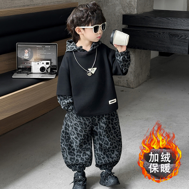 男童韩系豹纹加绒加厚连帽卫衣套装2025秋冬新款儿童酷帅街潮卫衣