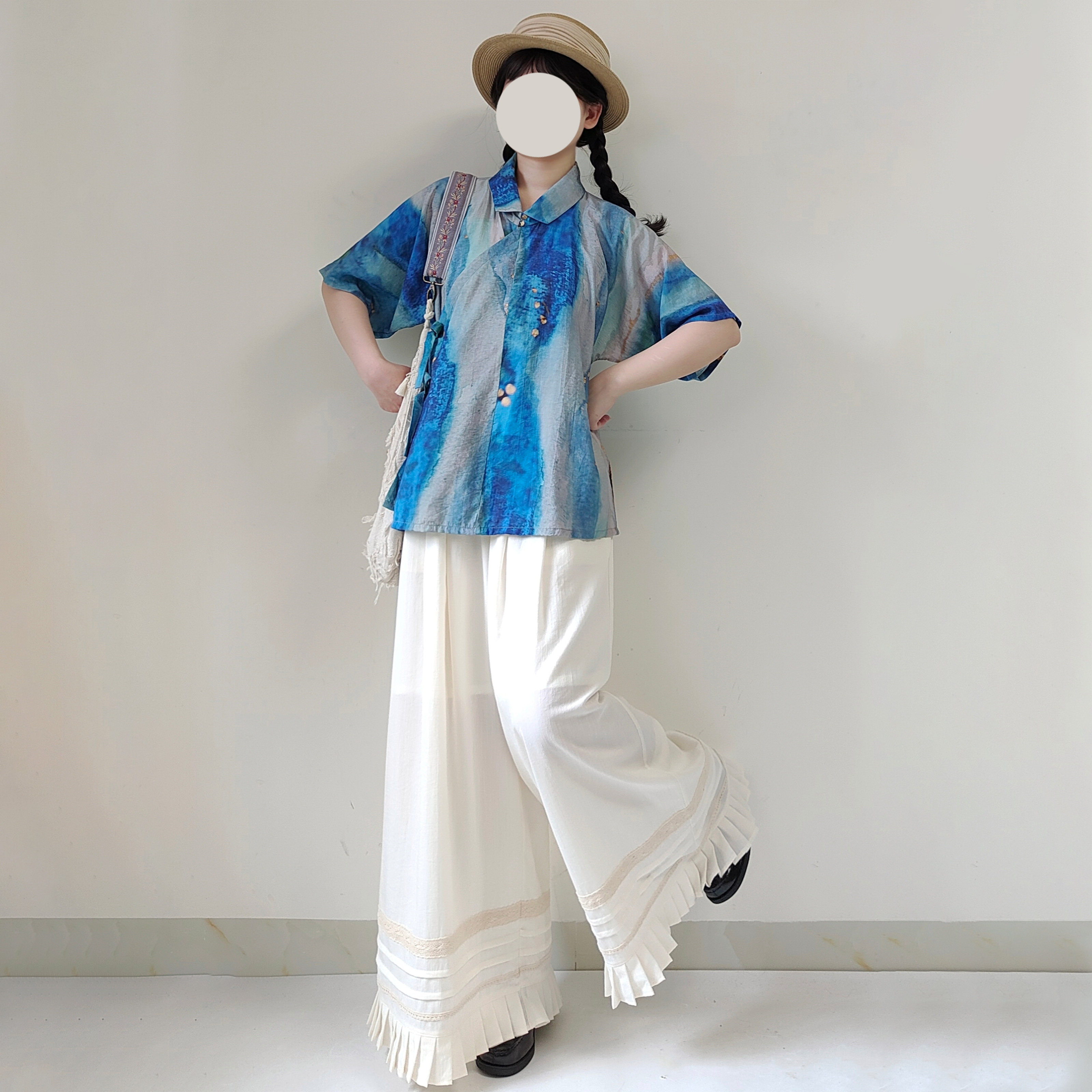 【观止织造｜碧波】明制汉服明翻领衫短袖半袖蓝色人棉日常百搭夏图片