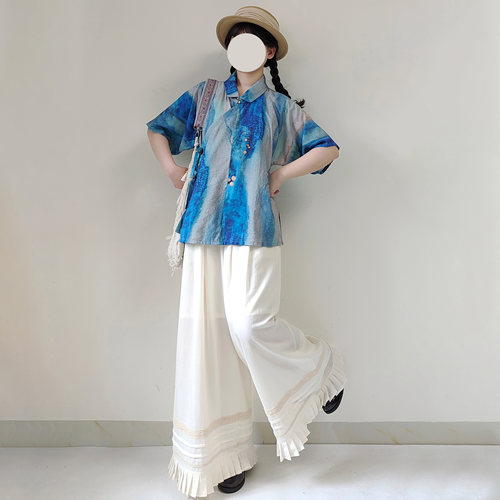 【观止织造｜碧波】明制汉服明翻领衫短袖半袖蓝色人棉日常百搭夏