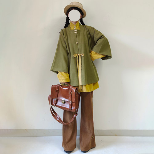 【观止织造｜竹意】明制汉服半袖披袄立领袄微喇裤绣花灯芯绒日常