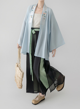 【观止织造｜山霁】宋制汉服元素对襟衫宋裤绣花印花蓝色清新日常