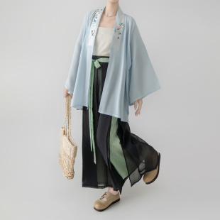 【观止织造｜山霁】宋制汉服元素对襟衫宋裤绣花印花蓝色清新日常