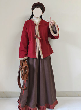 晋毛呢红色新年服褶衣交窬裙汉服