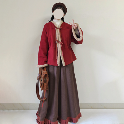 晋毛呢红色新年服褶衣交窬裙汉服