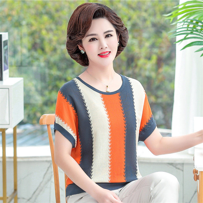 2024新款妈妈夏装冰丝短袖中年套装夏季上衣中老年人女装条纹洋气
