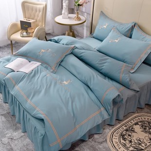 网红轻奢裸睡亲肤四件套全棉纯棉刺绣简约纯色床单被套床裙式 床品