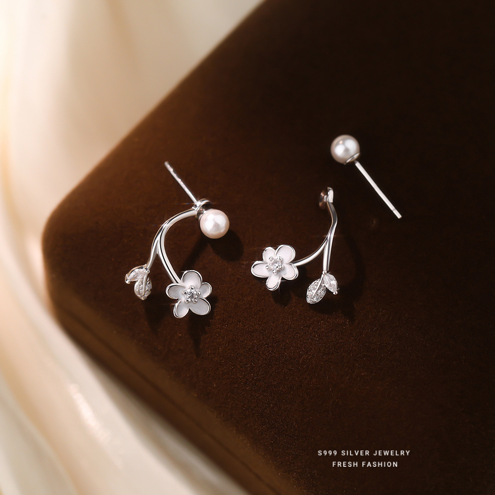 S999足银珍珠花朵耳钉