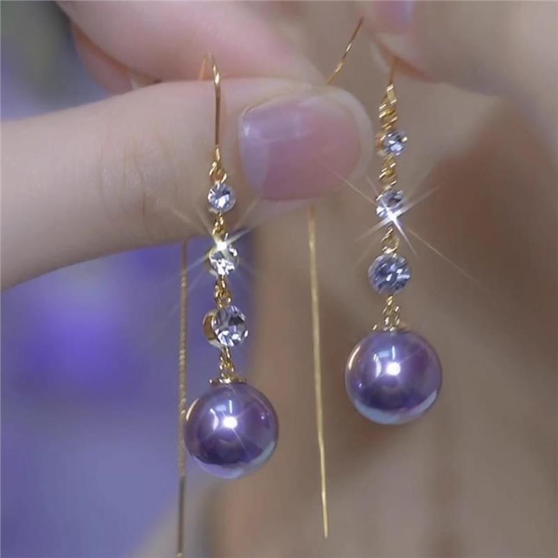 高级感紫色珍珠耳线银耳环银针