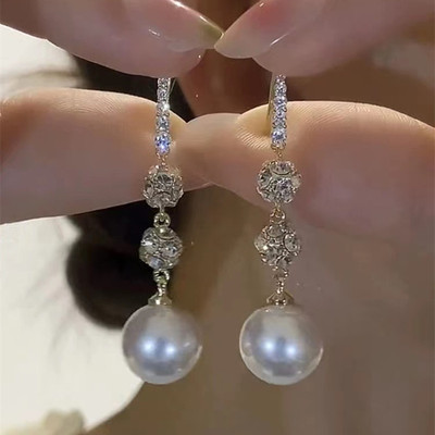 精致高级感钻球珍珠流苏银耳环