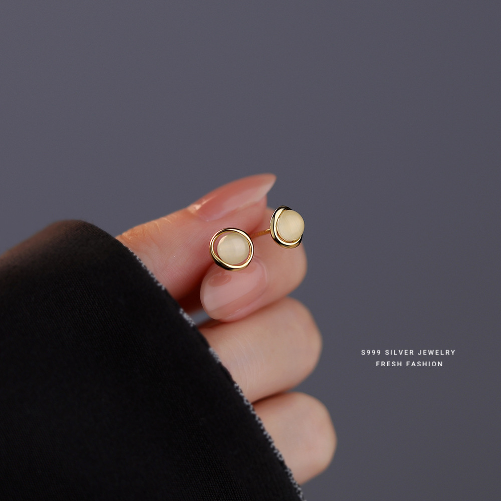 s999足银猫眼石耳钉女轻奢气质