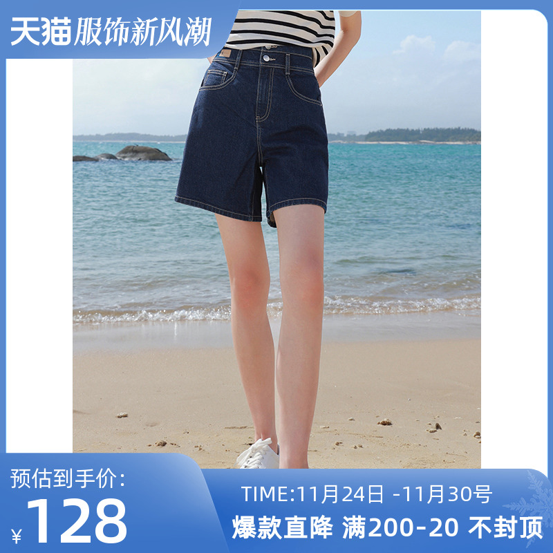 牛仔短裤休闲裤大码女装叉三彩2022新款2023夏季高腰牛仔短裤皮标