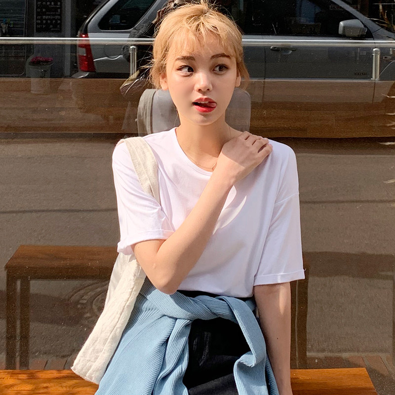 韩都衣舍2020夏装新款女装韩版白色冰丝打底上衣短袖T恤JW12926筱