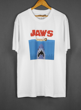 Jaws大白鲨8-Bit恶搞白色圆领纯棉印花休闲印花夏季男短袖T恤