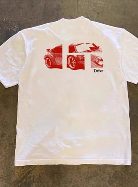 不谈钱只谈元 重磅纯棉cae aett复古汽车印花oversize街头短袖T恤