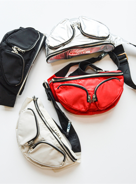 亮银色 红色潮牌 BIMBA Y LOLA休闲单肩自重轻字母拉链斜挎胸包