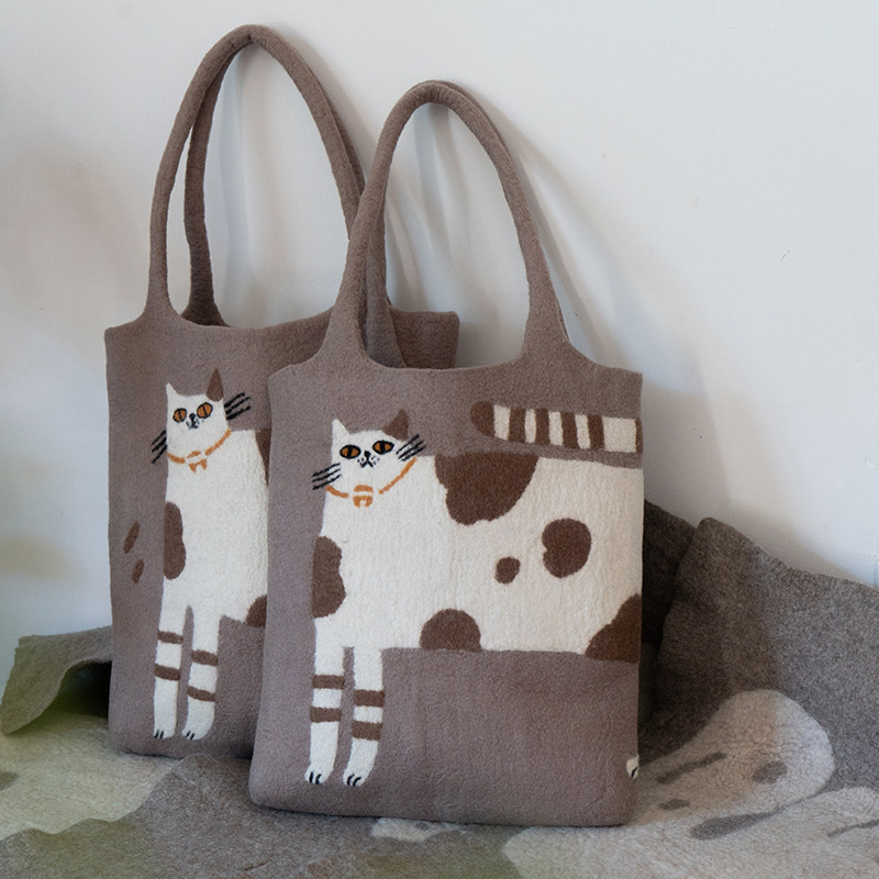 轲人羊毛毡猫咪包单肩手提手工包复古大容量托特包女可爱日系文艺,箱包皮具/热销女包/男包,通用款女包,淘宝优惠券,粉丝福利购,淘宝优惠卷