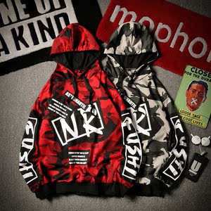 秋冬新款连帽男卫衣迷彩宽松青少年款外套街头印花W552-P45